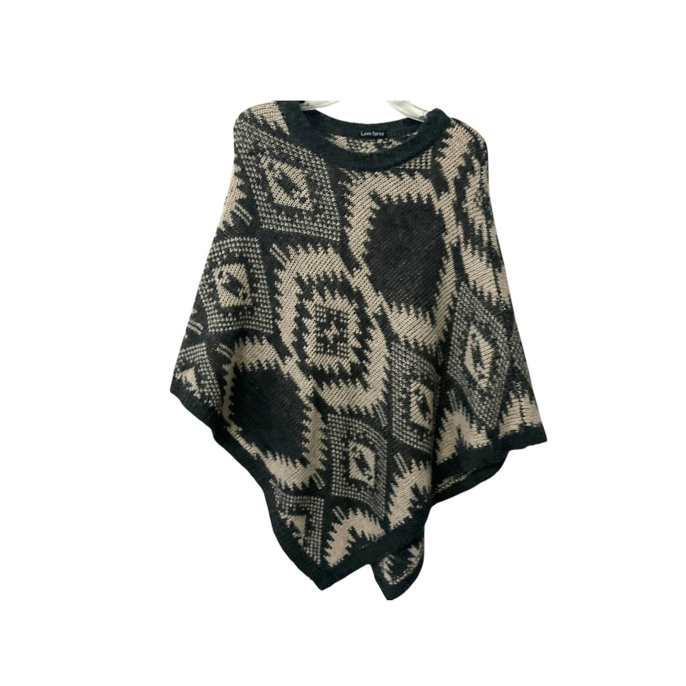 Love Spray Womens Black Cream Geometric‎ Wool Blend Knit Poncho Cape Sweater - Picture 2 of 6